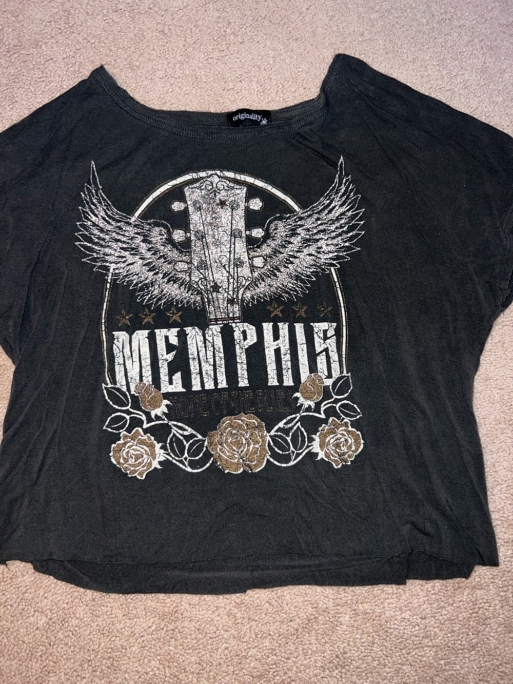 Originality Black Memphis Graphic Tee with Winged Guitar and Rose Accents